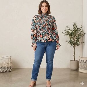 Gibson Floral Pink and Green Smocked Bell Sleeve Blouse